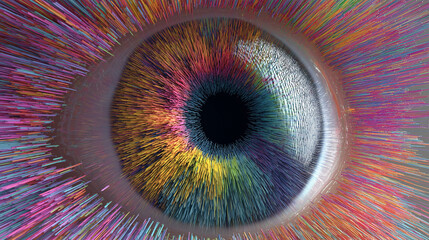 Vibrant Macro Eye Iris with Colorful Light Streaks and Digital Energy Flow Concept