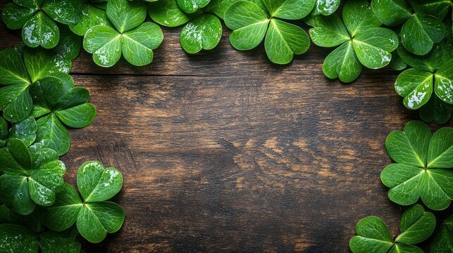 Green clover frame on wood, St. Patrick's Day, background design - Powered by Adobe