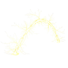 Bright yellow lightning arc with branching electricity isolated on a transparent background