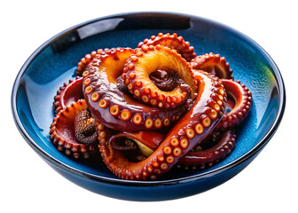 Smoky Grilled Octopus Tentacles in a blue bowl on a black plate with white background and transparent background