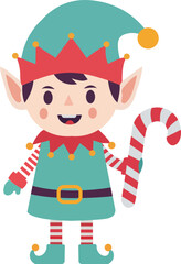 Cute Christmas Elf Character Holding a Candy Cane - Flat Vector Illustration