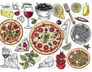 Pizza, pasta, and Mediterranean food illustration
