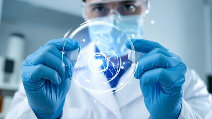 Scientist Holding Petri Dish with Futuristic Holographic Medical Interface Overlay - Powered by Adobe