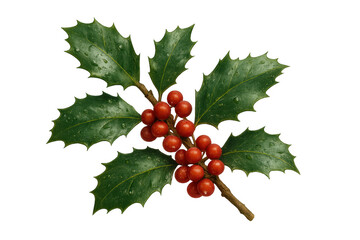 Holly sprig featuring vibrant red berries alongside prickly green leaves with water droplets, symbolizing holiday cheer and tradition