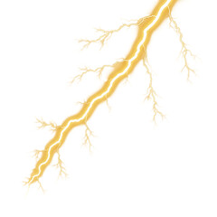 Bright yellow lightning bolt with fractal branches isolated on a transparent background