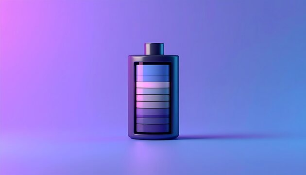 A 3D render of a battery symbol is centered, showing its charge level. The background transitions between pink and blue - Powered by Adobe