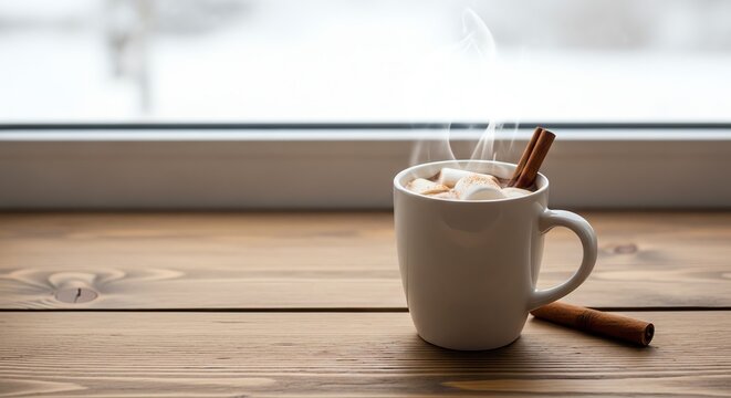 Hot chocolate with marshmallows and cinnamon stick on wooden table - Powered by Adobe