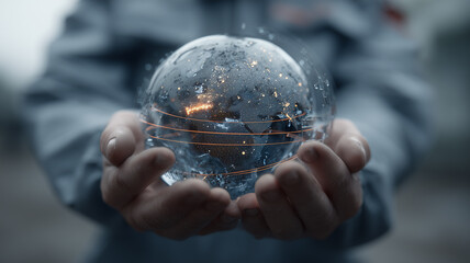 Hands presenting a digital globe to symbolize global connectivity, data exchange and responsible stewardship of a networked planet.
