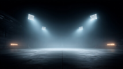 Empty stadium under powerful lamps evoking sports preparation, major events and anticipation before the competition.
