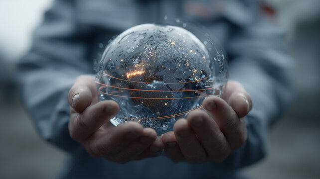 Hands presenting a digital globe to symbolize global connectivity, data exchange and responsible stewardship of a networked planet.
