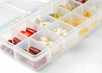 Assorted capsules and tablets organized inside a translucent plastic pill organizer box storage
