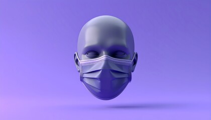 A 3D render of a smooth, featureless human head wearing a light-blue surgical mask, all set against a violet background