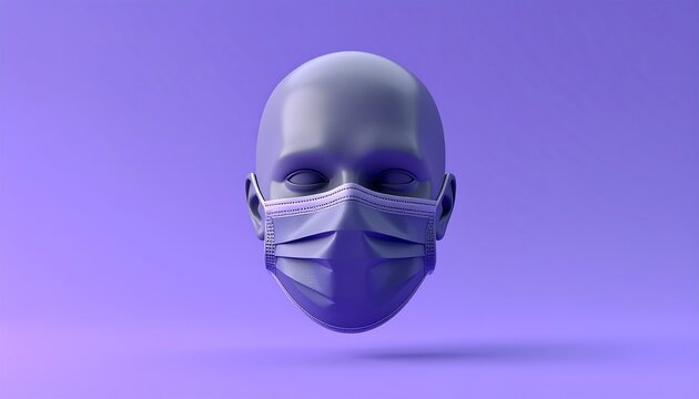 A 3D render of a smooth, featureless human head wearing a light-blue surgical mask, all set against a violet background - Powered by Adobe