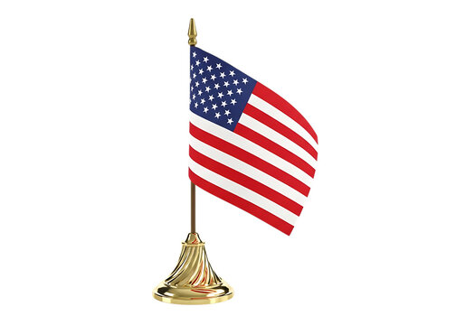 Small american flag on a decorative gold base standing proudly isolated on transparent background