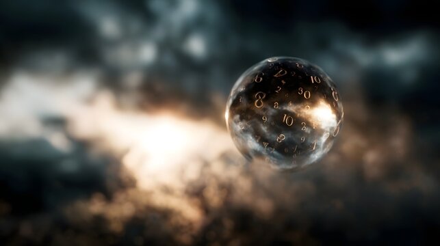 A glowing ethereal sphere containing distorted numbers drifts through dramatic stormy skies illuminated by ethereal light - Powered by Adobe