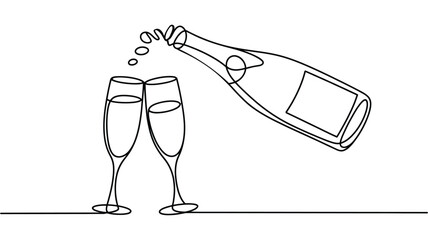  Minimalist line drawing of bottle pouring liquid into two champagne glasses, continuous style symbolizing celebration and festive moments