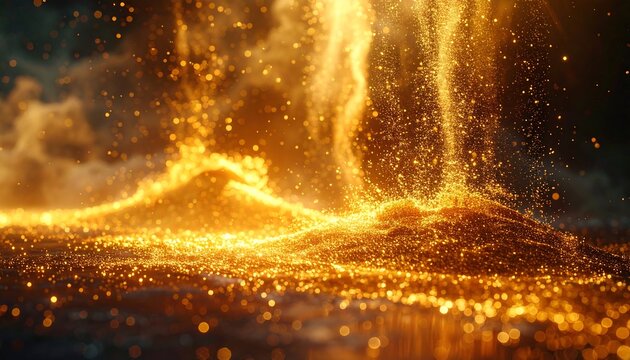 Glistening gold particles flow and rise like a swirling dust storm over a dark surface, creating texture - Powered by Adobe