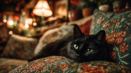 Black cat with yellow eyes resting on cozy couch