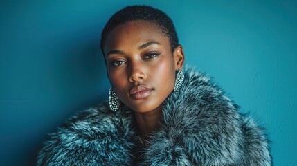 Confident fashion portrait of African American woman with fur collar