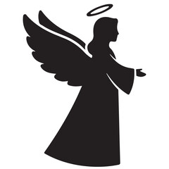 Black Angel Silhouette with Wings, Halo, and Outstretched Arms on White Background