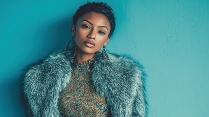 Confident fashion portrait of African American woman with fur collar
