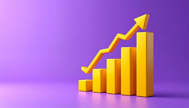 A 3D rendered graphic of yellow bar chart and arrow on purple background, symbolizing growth and success