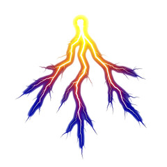 Electric lightning bolt branching energy discharge isolated on a transparent background