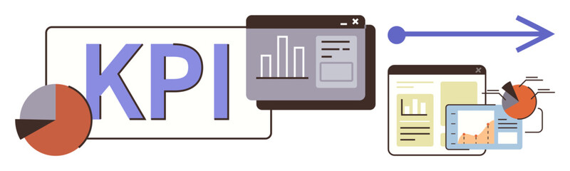 KPI text with charts, graphs, screens, and progress arrow represents data analysis, performance tracking, reporting, growth strategy, data visualization analytics insights and goals. Ideal