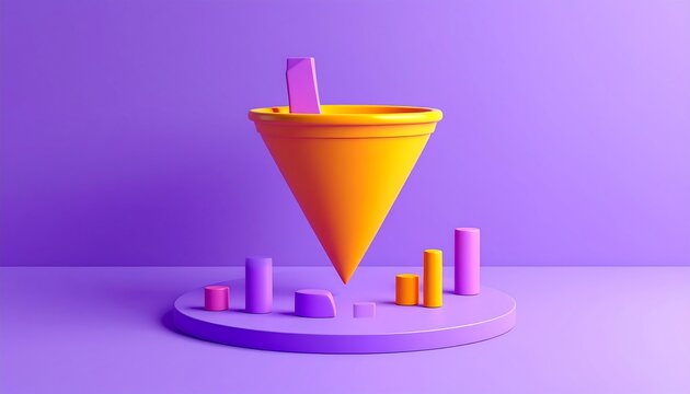 A 3D rendered image features a vibrant yellow funnel above a platform with surrounding colorful geometric shapes