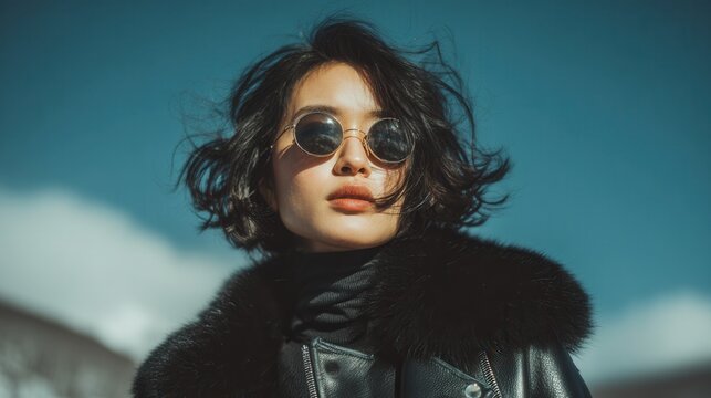 Editorial winter style woman in black leather jacket with fur collar street fashion portrait 