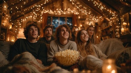 Fototapeta premium Cozy living room friends watching scary film with fairy lights and bowls of popcorn movie night