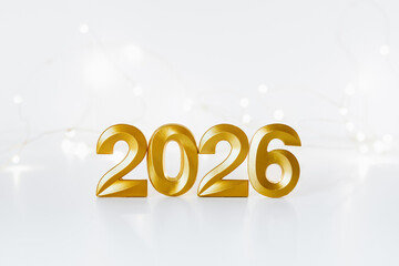 Golden 2026 numbers on white festive background. Elegant celebration concept symbolizing the upcoming year, perfect for holiday greetings, calendars, and festive marketing materials.