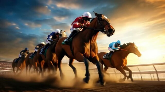 Dynamic low-angle shot of a horse race at sunset, capturing the speed and intensity. Perfect for a sports-themed video or promotional content. Live desktop wallpaper.