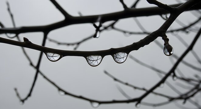 Frozen water droplets clinging precariously to bare tree branches on a cold overcast day