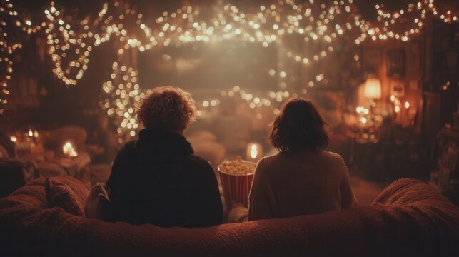 Cozy living room friends watching scary film with fairy lights and bowls of popcorn movie night