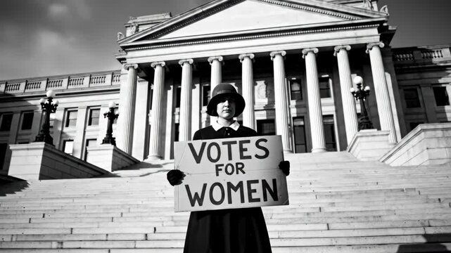 Historical protest: woman advocating for voting rights at iconic government building