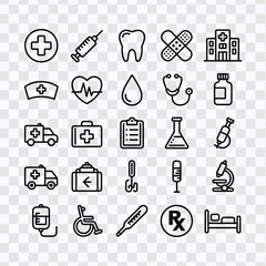 Medical and healthcare icons set with hospital, syringe, stethoscope, ambulance, medicine, and diagnostic symbols