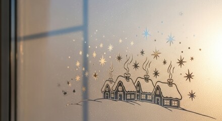 Winter village scene with houses and stars. Charming Christmas and new year decoration. Frosted window sticker for holiday season.