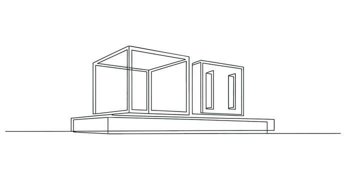 Minimalist architectural sketch of modern geometric structure with open-frame cube and solid block on elevated platform base