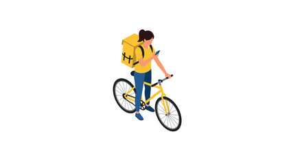 Naklejka premium Isometric delivery cyclist with smartphone and yellow backpack