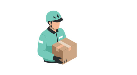 Obraz premium Delivery person carrying box in isometric style on white background