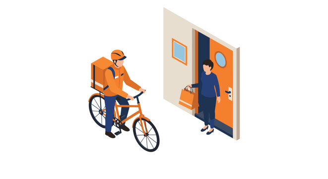 Food delivery service concept with cyclist courier and customer receiving order