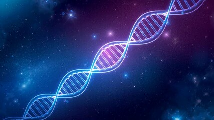 Glowing DNA double helix structure on cosmic background with blue and purple light representing genetic science and molecular biotechnology - Powered by Adobe