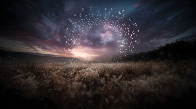 A mystical vortex of floating numbers swirls in the dramatic twilight sky above a dry meadow