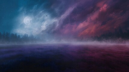 A surreal landscape with a temporal clock in a dramatic colorful and stormy sky over a misty field