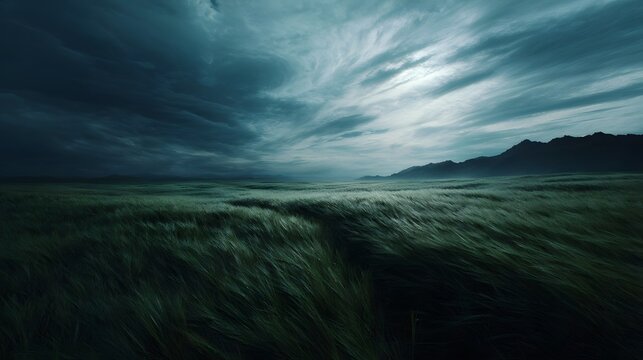 Fototapeta Dramatic stormy sky over a wind swept grassy field with distant mountains