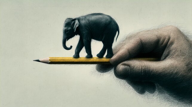 Miniature Elephant Delicately Walking on a Sharp Yellow Pencil, Held by a Human Hand, Representing Balance, Growth, and the Power of Creativity