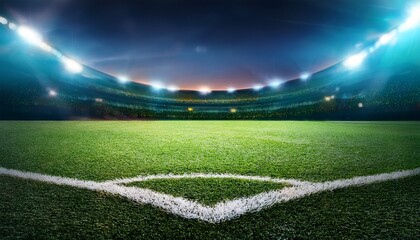 Obraz premium close up soccer field lines background soccer pitch grass football stadium ground view grass macro in sports arena with lights background