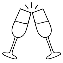 Champagne Toasting Glasses Vector Illustration. Outline Design. Coloring Book Page. SVG. Transparent Background. Printable Christmas Design.