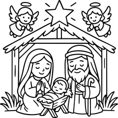 Christmas Nativity Scene Vector Illustration. Outline Design. Coloring Book Page. SVG. Transparent Background. Printable Christmas Design.